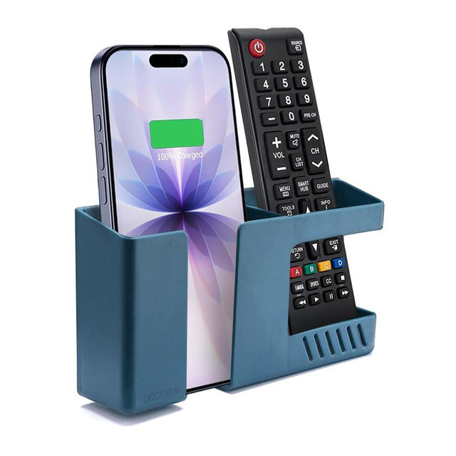 Decobay Strong Adhesive Wall Mount Phone Holder D3 Punch-Free Bedside Phone Shelf with Charging Port, Sticky Remote Control Storage Box, Bathroom & Kitchen Wall Organizer (Blue)