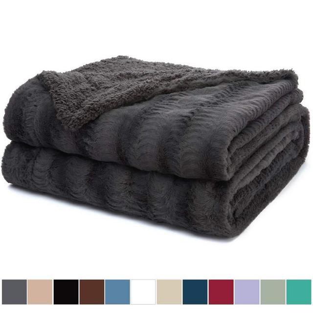 The Connecticut Home Company Luxury Faux Fur Bed Throw Blanket, Queen or Full Size, 90x90, Super Soft, Large Wrinkle Resistant Reversible Blankets, Warm Hypoallergenic Washable Throws for Beds, Gray