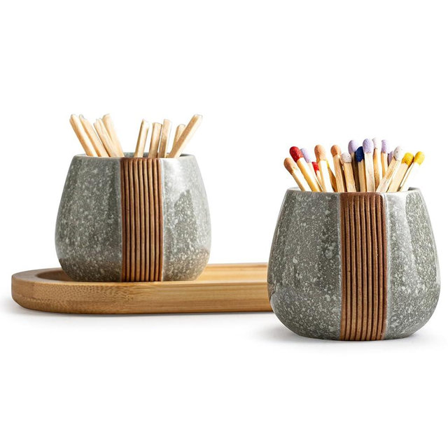 Zoeeker Match Holder Set with Striker - Ceramic Matchstick Container Set of 2 for Christmas Kitchen Bathroom Parlor Modern Home Decor - Matches NOT Included, Gray