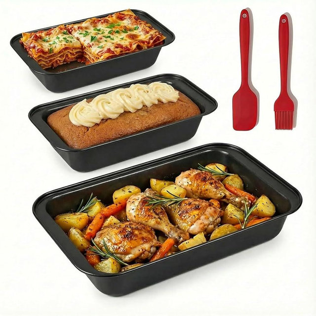 Baking Sheet Pan Set of 3, Nonstick Baking Sheets, Rectangle Bakeware, Oven Pan, Stackable Multi-Depth Bakeware, Black Baking Pans Set, Rust & Warp Resistant, Easy Clean (3-Piece Set)