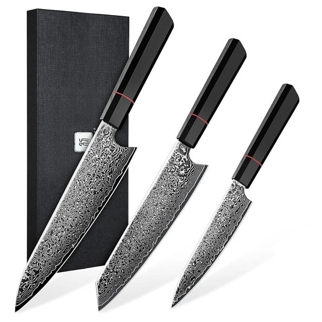 TIVOLI Damascus Knife Set 3PCS, Japanese Kitchen Knife With VG10，Ultra Sharp Cooking Knife Set With Octagonal Handle，Professional Chef Knives Set for Meat Vegetable Fruit, Christmas Gift for Mom Dad