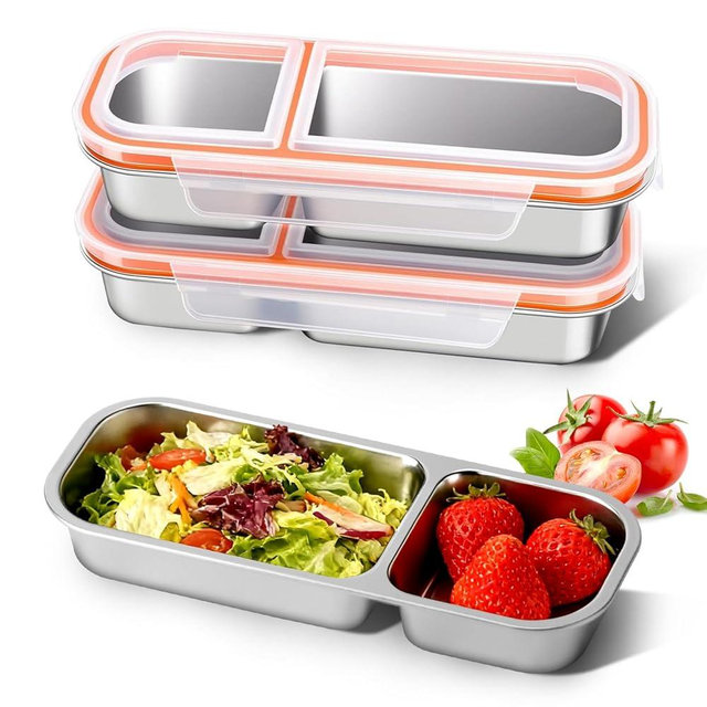 EOJDDPA Snackle Box Container, Stainless Steel Snack Containerswith Lids, 3 Pack Snackle Box, Leakproof Reusable Lunch Container with Orange Seal, for School, Work, Travel (2 grids)