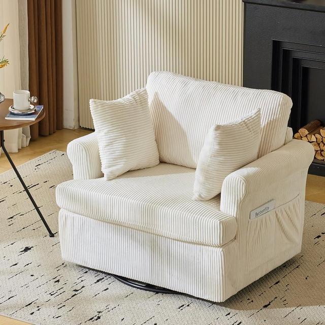 Karl home Oversized Swivel Accent Chair,39" Wider Seat Armchair,Modern Upholstered Corduroy Barrel Chairs W/2 Pillows and 2 Side Pockets,Comfy Single Sofa for Living Room,Bedroom and Office -Beige