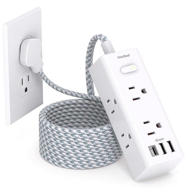 Surge Protector Power Strip 10 ft Cord, One Beat Ultra Thin Flat Plug Extension Cord, 6 Outlets 3 USB Ports(1 USB C), 3 Sided Outlet Extender for Home Office Travel Dorm Room Essentials