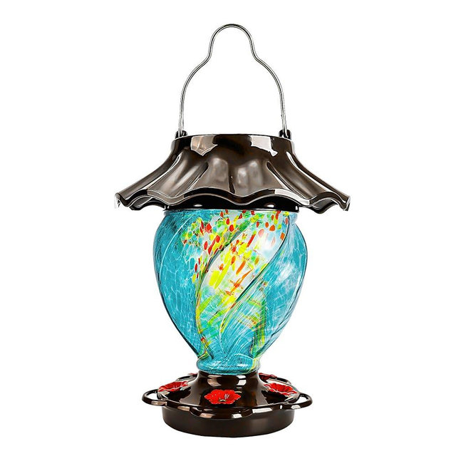 LUJII Solar Powered Hummingbird Feeder for Outside, Hand Blown Glass, 35 fl.oz, Never Leak, Waterproof, Metal Base Top, Lighted Lantern for Garden Decoration, Unique Gift for Bird Lovers, Teal