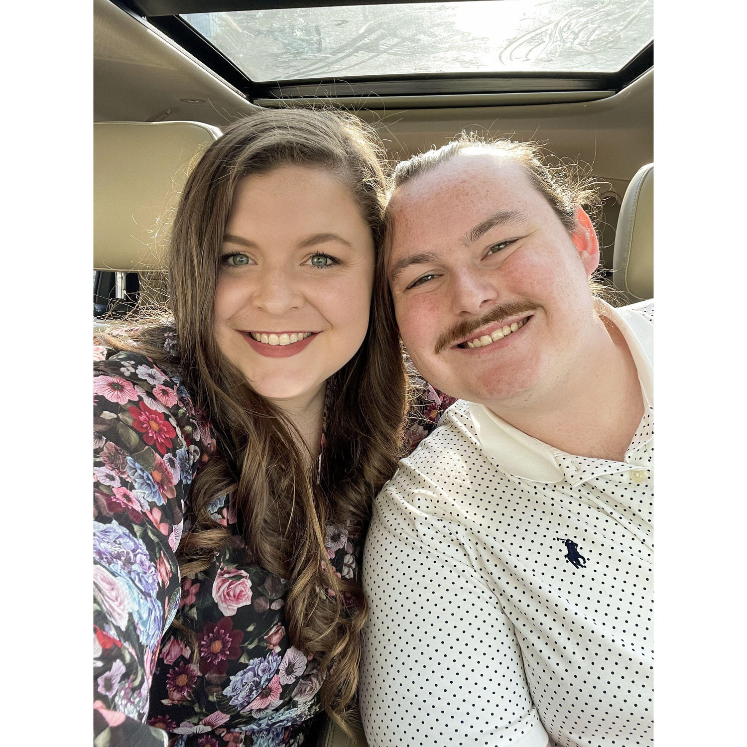 A car selfie after Jess and Zeke's wedding!