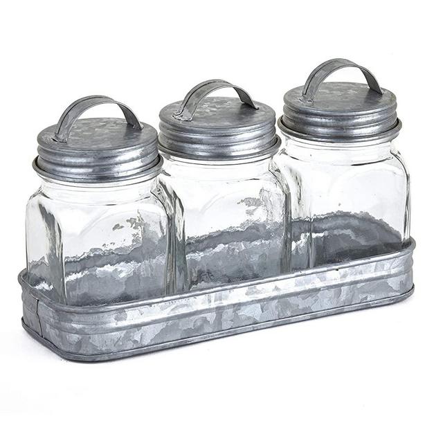 The Lakeside Collection Glass Canisters in Galvanized Tray - Farmhouse Spice Container Set of 3