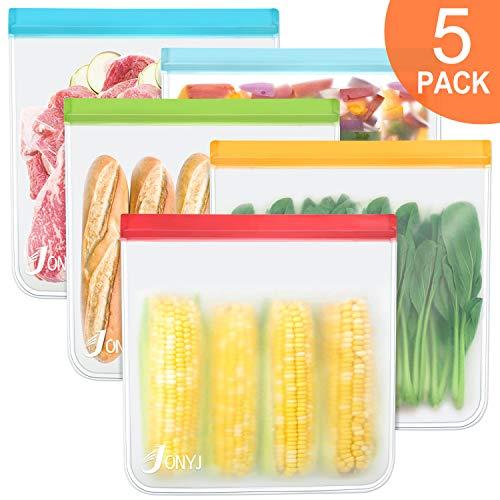 Reusable Gallon Storage Bags 5-Pack, LEAKPROOF Freezer Bags, EXTRA THICK Gallon Ziplock Bags for Marinate Meats, Vegetables, Fruit, Cereal, Sandwich, Snack, Travel Items, Meal Prep, Home Organization