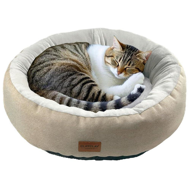 CLAYCLAY Cozy Round Cat Bed – Soft, Comfortable Cushion for Cats & Kittens – Non-Slip, Machine Washable, Plush Sleep Bed for Cats, Ideal for Resting & Napping (Khaki & Large)