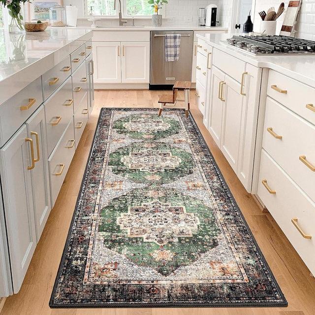 YesRug Washable Runner Rug 2x6 Green Boho Runner Rug for Entryway Hallway Kitchen Laundry Room Bathroom Non Slip Washable Vintage Runner Carpet