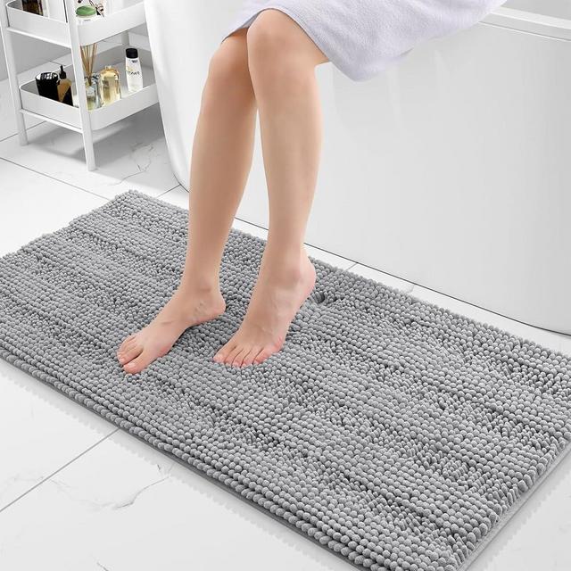 Grandaily Chenille Striped Bathroom Rug Runner, Extra Thick and Absorbent Bath Rugs, Non-Slip Soft Plush Shaggy Bath Carpet, Machine Wash Dry, Bath Mats for Bathroom, 47x20, Grey