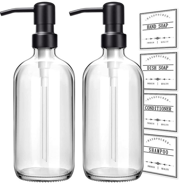 GMISUN Thick Clear Glass Soap Dispenser with Matte Black Stainless Steel Pump, 2 Pack Hand and Dish Soap Dispenser Set, 16oz Refillable Liquid Soap Bottle, Modern Empty Bottles for Kitchen & Bathroom