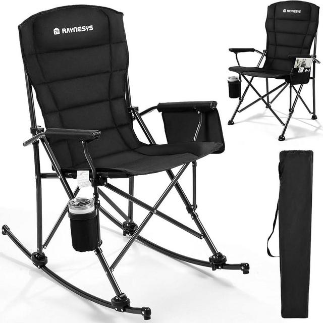 Raynesys Folding Rocking Chair Supports 440 LBS, Outdoor Folding Chair, Rocking Camping Chairs with Cup Holder & Side Pocket, Padded Outdoor Chairs for Patio Lawn Garden Yard (Black)