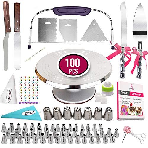 100pcs Cake Decorating Kit with Aluminum Metal Turntable-Rotating Stand-Server & knife set-48 Numbered Icing tips-7 Russian Piping nozzles-Straight & Angled Spatula-Cake Leveler& Baking supplies tools