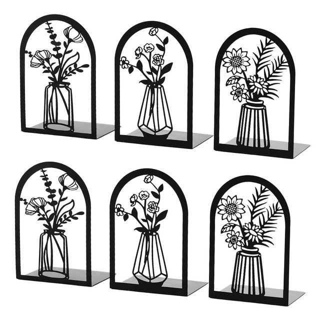 Bondream 3 Pair Metal Bookends,Decorative Book Ends for Shelves,Non-Slip Book Stopper for Heavy Books,Flower Book Shelf Holder for Home School Office