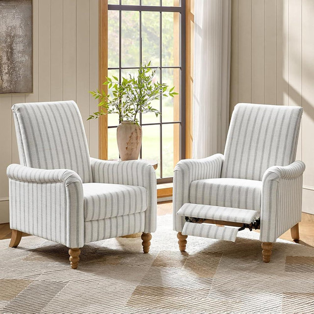 HULALA HOME Farmhouse Recliner Chairs Set of 2 with Solid Wood Spindle Legs, Striped Push Back Recliner Armchairs with Adjustable Backrest & Footrest, Comfy High Back Lazyboy Single Sofas, Stripe