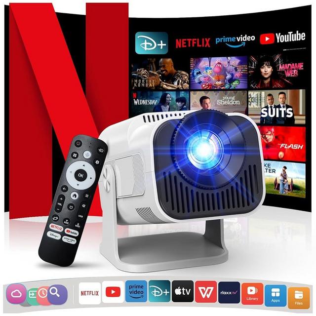 [NetfIix Official/Stereo Speakers] 4K Projector with Wifi and Bluetooth, 1080P Native Mini Projector Portable, One-Click Use Built-in NetfIix/YouTube/PrimeVideo/D+, Smart Home Outdoor Projector-White