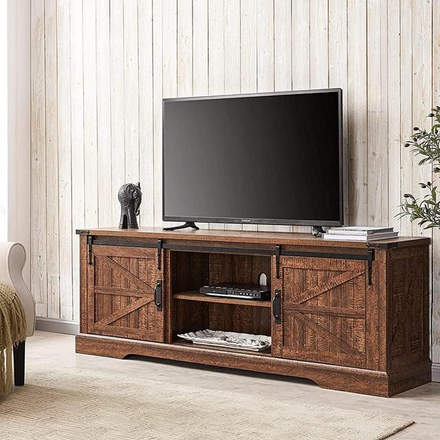 OKD Farmhouse TV Stand for 75 Inch TV with Sliding Barn Door, Rustic Wood Entertainment Center Large Media Console Cabinet Long Television Stands for 70 Inch TVs, Reclaimed Barnwood Color