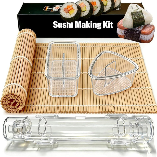 Sushi Making Kit Set – Clear Sushi Bazooka, Musubi Press Mold, Onigiri Rice Mold & Bamboo Sushi Rolling Mat – Easy Homemade Sushi Tools for Beginners & Sushi Lovers