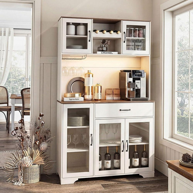 Fatmok 71" Pantry Cabinet, Coffee Bar Storage Cabinet with Charging Station & LED Lights, Tall Kitchen Hutch Food Pantry Cabinet with Wine Rack, Drawer, Adjustable Shelves & Microwave Stand, Off-White