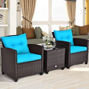 AUGESTER 3 PCS Patio Furniture Set, Outdoor PE Rattan Wicker Conversation Sofa Set w/Washable Cushion and Tempered Glass Tabletop, All Weather Chat Sofa for Garden Poolside Balcony Porch (Turquoise)