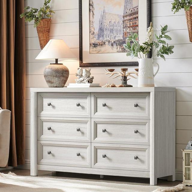 Standifurno Farmhouse 6 Drawers Dresser for Bedroom, 52" Wide Rustic Wood Chest of Drawers with Natural Texture, Metal Handle, White Storage Closet Dressers Organizer for Bedroom, Living Room, Hallway