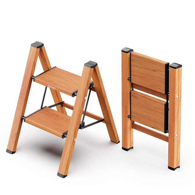 WOA WOA 2 Step Ladder, Portable Lightweight Folding Ladder with Anti-Slip Widen Pedals, Multi-Use Step Stool, Aluminum Stepladders, Easy to Store 330lbs - Wood Grain