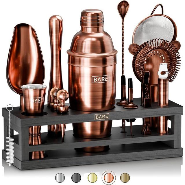 BARE BARREL® Mixology Bartender Kit Bar Set | 16-Piece Cocktail Shaker Set | Martini Barware Mixing Tools for Home Bartending | Incl. 35 Recipe Cards | Gift Set (24oz Cobbler Shaker, Copper/Black)