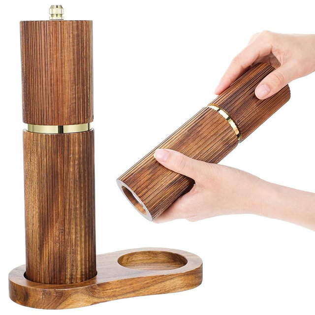 Wooden Salt and Pepper Grinder Set, Refillable Wooden Manual Salt and Pepper Mill Set with Adjustable Coarse Settings Rust Resistant Salt and Pepper Shakers Matching Wood Stand, Ideal for Gifting