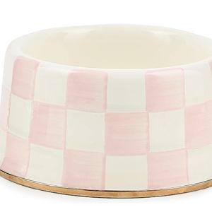 MACKENZIE-CHILDS Enamel Pet Bowl, Cute Cat and Dog Bowl for Food and Water, Medium, Pink-and-White Rosy Check