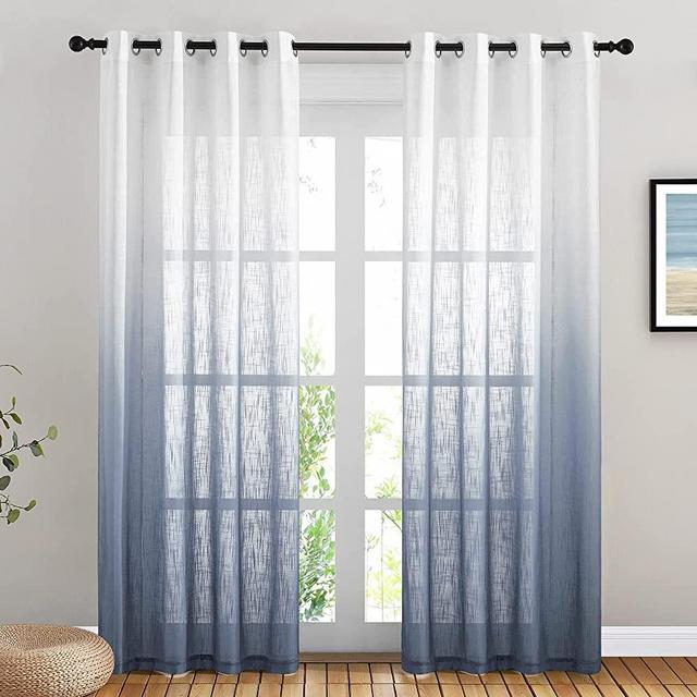 NICETOWN Semi Sheer Curtains 84 inch Length for Living Room, Grommet Ombre Curtains Privacy Linen Vertical Drapes Window Treatments for Hall / Villa, Stone Blue, 100" Wide Total 2 Pieces