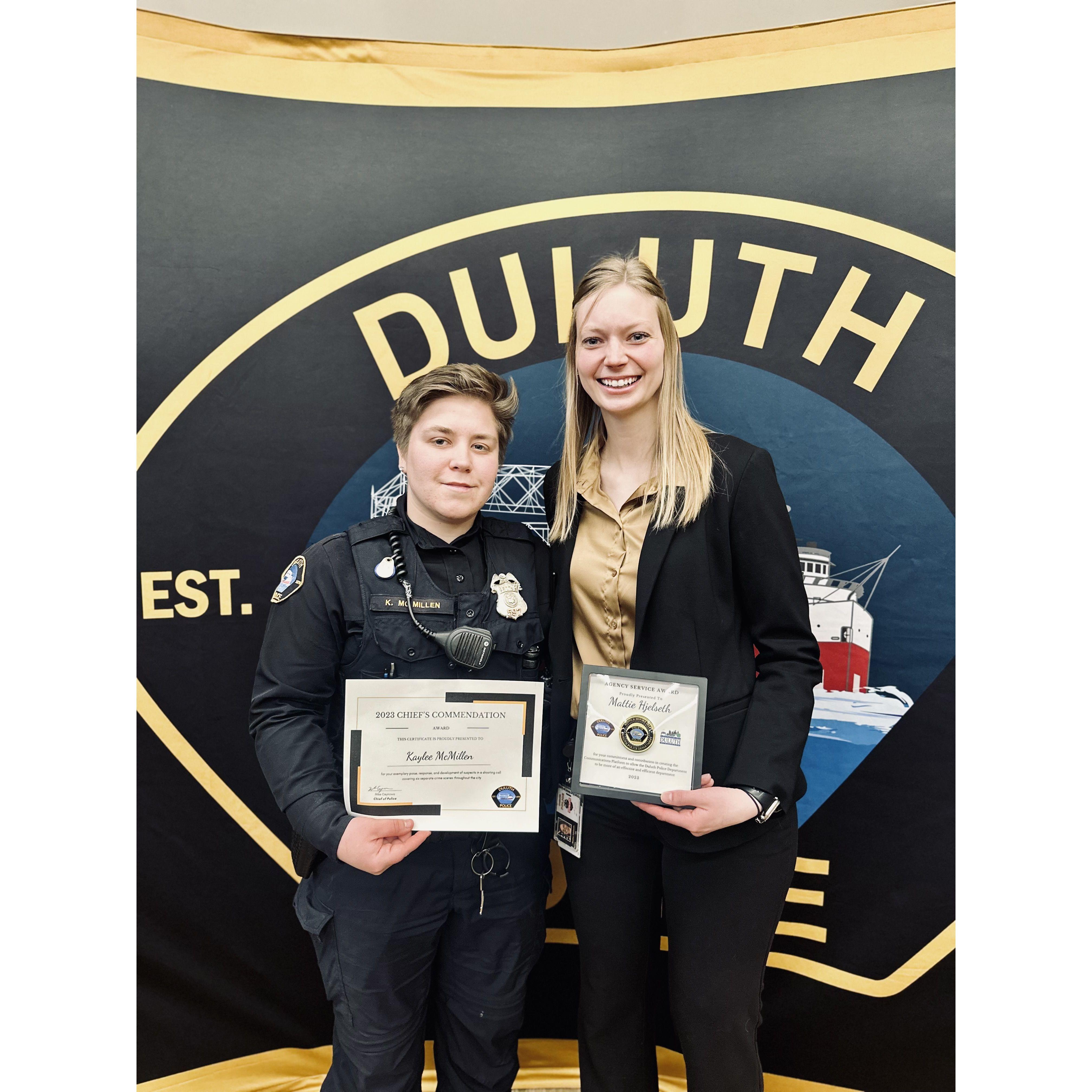 Kaylee and Mattie being recognized at DPD where they both work.