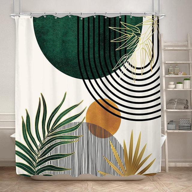 KOMLLEX Mid Century Green Boho Shower Curtain 72Wx72L Inches Abstract Modern Shower Curtains for Bathroom Plant Botanical Minimalist Leaf Arch Sun Fabric Liner Waterproof Polyester 12 Pack Hooks