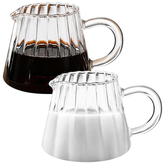 Loscarol 2 Pcs Small Glass Pitcher, Elegant Wave Shaped Glass Creamer Pitcher, Coffee Milk Creamer Pitcher, Serving Milk Frothing Pitcher, Glass Tea Pitcher, Milk Frother Cup Creamer Jug for Kitchen