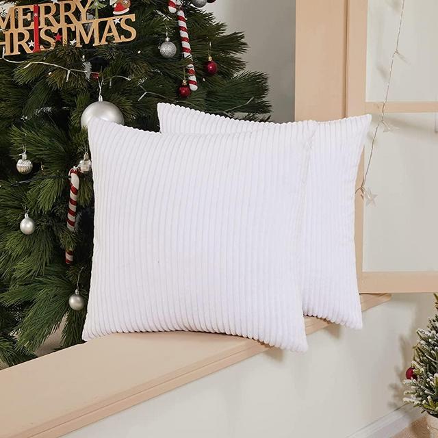 Deconovo Throw Pillow Cover, 18x18 Inch, White, Square Corduroy Cushion Cover with Stripes for Bedroom Sofa Living Room Couch, Set of 2