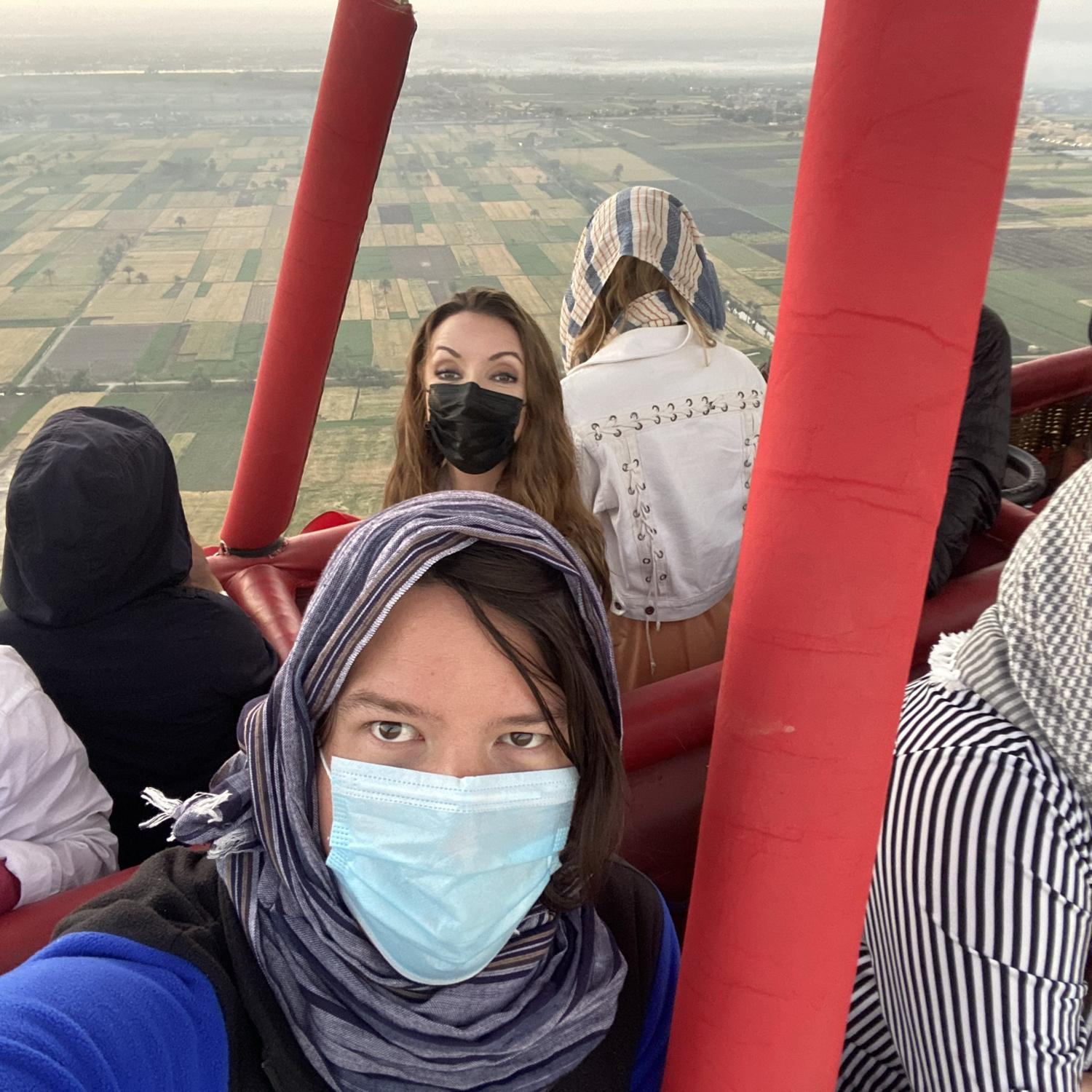 Riding in a hot air balloon above Luxor, Egypt.