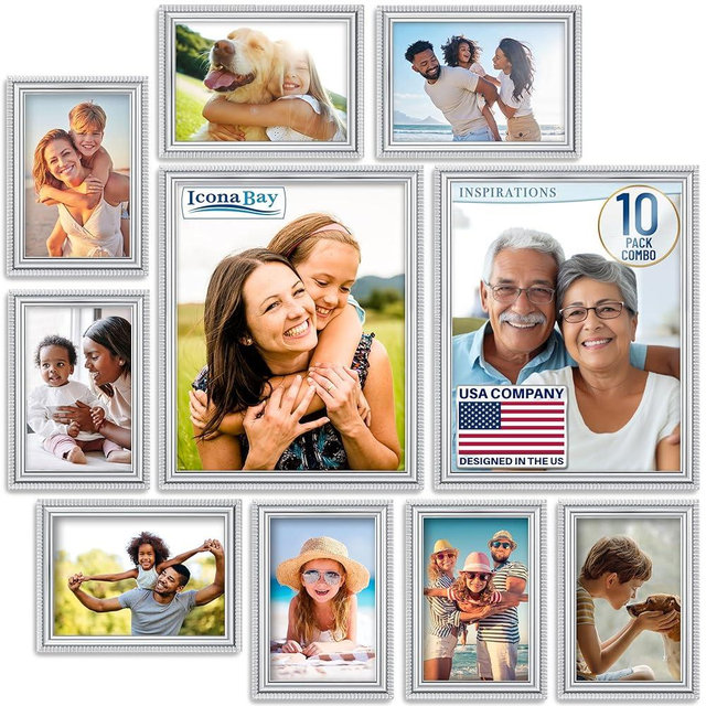 Icona Bay - Combination Silver Picture Frames Set - 10 PC - Five 4x6, Three 5x7, Two 8x10 - Inspirations Collection Multi-Pack for Contemporary Wall Gallery