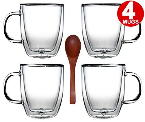 Bodum Bistro Double Wall Glass, Espresso Coffee Jumbo Cups Mugs - 0.45 Liter, 15-Ounces, Clear (Set of 4 Glasses) & Zonoz Wooden Small Stirring Spoon Bundle