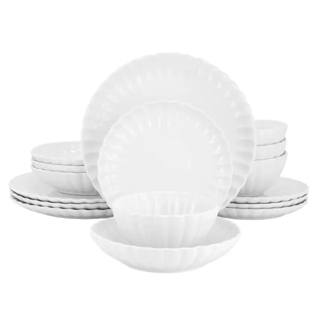 Elama Jane 16 Piece Scalloped Double Bowl Porcelain Dinnerware Set in White