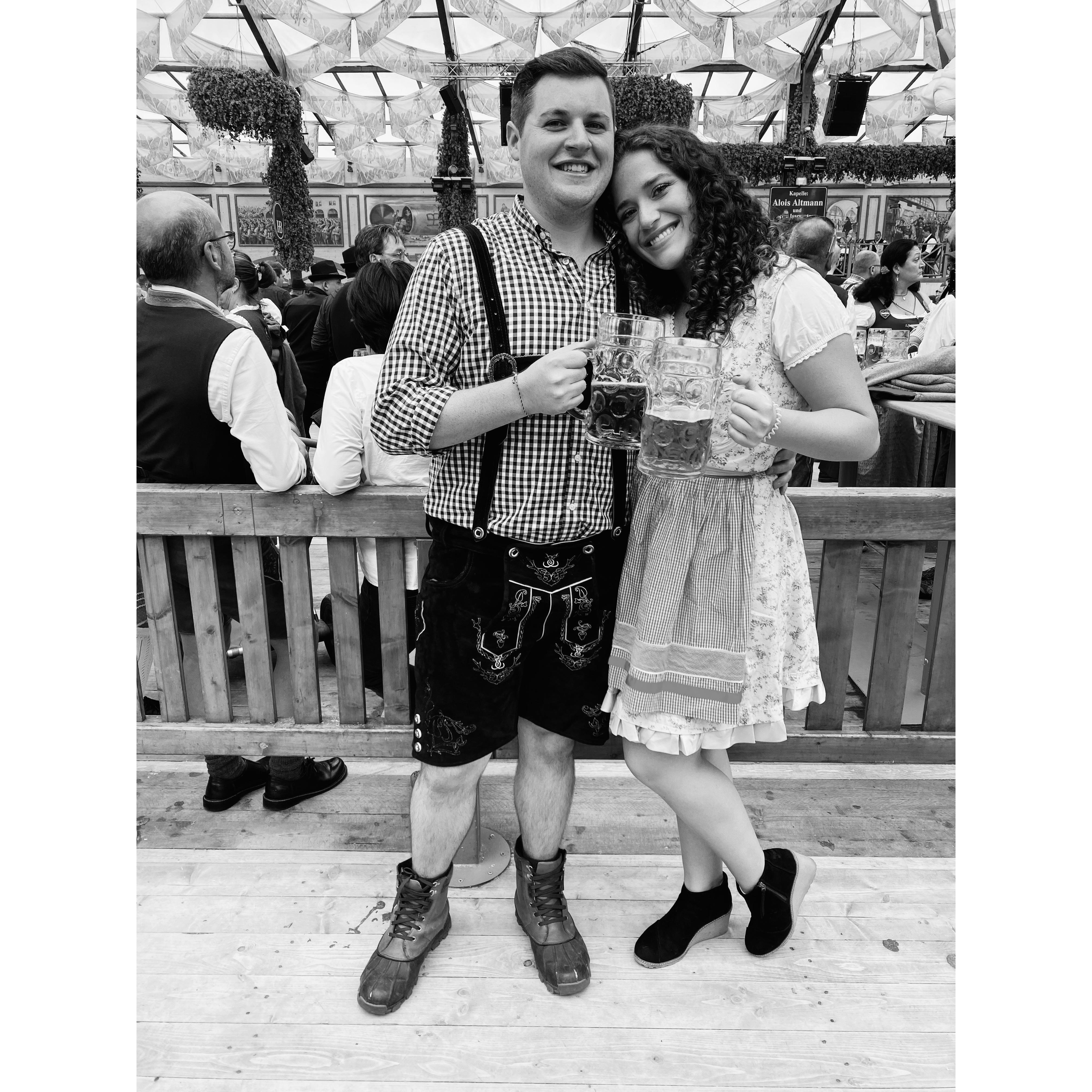 Lisa and Nick in a dirndl and lederhosen for Oktoberfest in Germany.