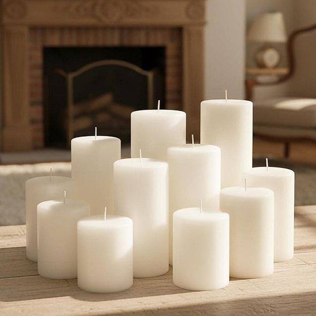 Veiuwa 12 Pack White Pillar Candles Bulk Set, 3x3/6/8 Inch - 4 Each Size, Dripless Smokeless Clean Burning for Wedding Centerpieces, Home Decor, Church, Romantic Ambiance！