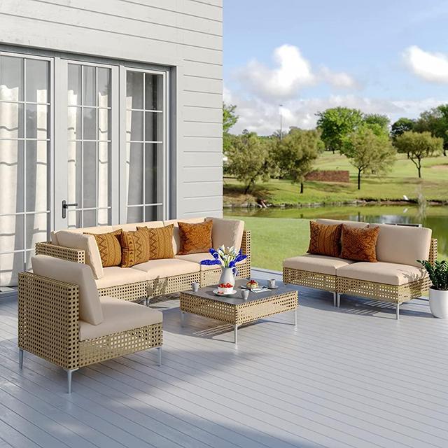 Grand patio 7 Pieces Wicker Patio Furniture Set, All Weather Outdoor Sectional Sofa with Beige Thick Cushions and Coffee Table