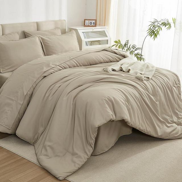 Litanika Comforter Queen Size Set Khaki - 7 Pieces Bed in a Bag Queen Beddding Comforter Sets, Plain Lightweight Bed Set with Comforter, Sheets, Pillowcases & Shams