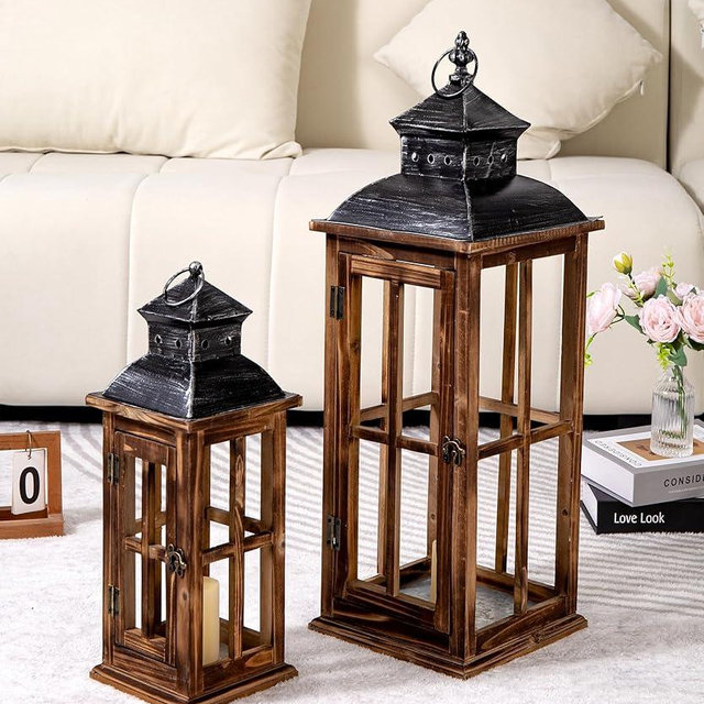 Large Farmhouse Decorative Wooden Lanterns Set of 2, Rustic Burnt Wood Floor Lanterns, Indoor/Outdoor Hurricane Lanterns for Home Decor (No Glass)