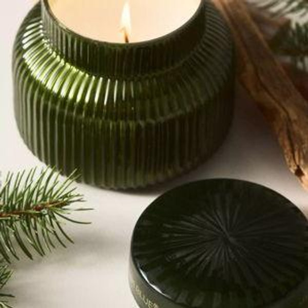 Capri Blue Woody Fir & Firewood Glass Candle