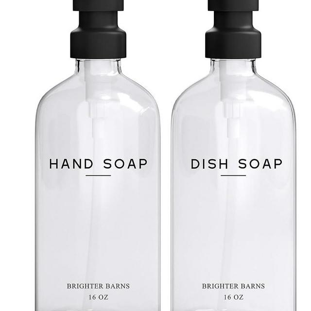 Clear Glass Hand and Dish Soap Dispenser Set by Brighter Barns - Kitchen Soap Dispenser Set & Pump - Farmhouse Soap Dispenser for Kitchen Sink - Modern Kitchen Decor, Bathroom Accessories (Clear)