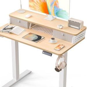 Kingant 35 x 20 Inch Small Electric Standing Desk with Dual Drawers, Height Adjustable Sit to Stand Computer Desk with Storage Shelf and C-Clamp Mount Compatibility for Home Office, Nature
