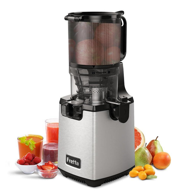 Cold Press Juicer Machines,Fretta Slow Masticating Juicers with 5.3" Large Feed Chute Fit Whole Fruits & Vegetable Easy Clean Self Feeding Juice Extractor,Tritan Material BPA Free 250W,Stainless Steel