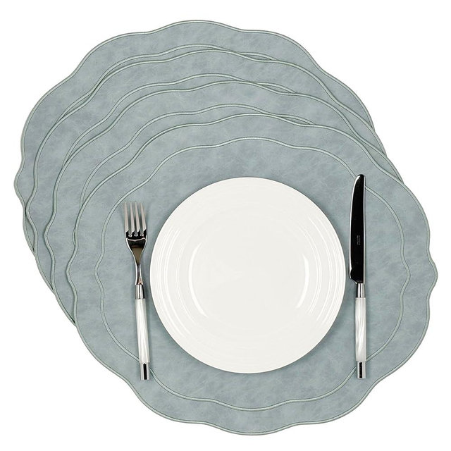 Bryonia Embroidered Scalloped Faux Leather Placemats Set of 4 - Earth Tone, Soft, Wipeable Luxury Dinner Table Mats for Dining & Wedding, 17.25" x 15", Light Blue Gray