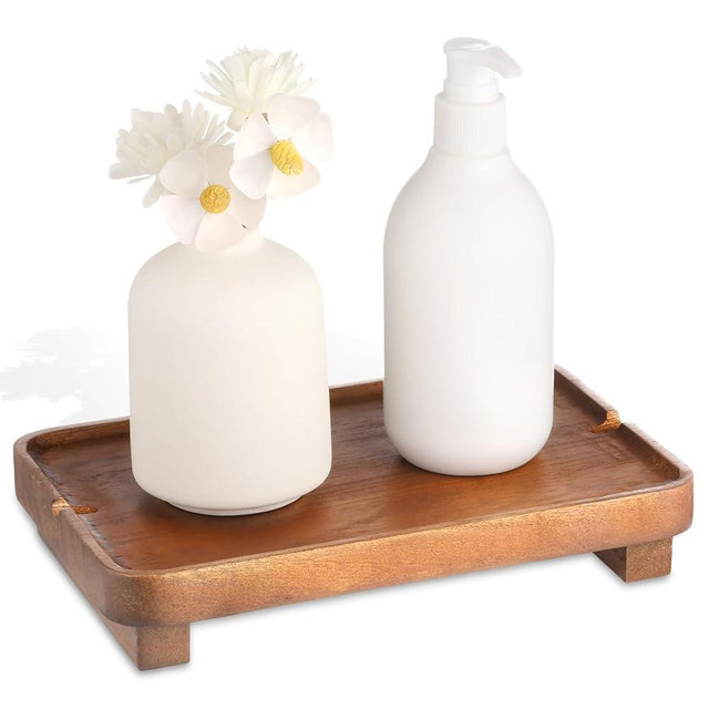 Wood Riser Small Decorative Tray Sink Soap Dish, Vanity Tray Pedestal Stand 9 x 5.9 inches (Light Brown)